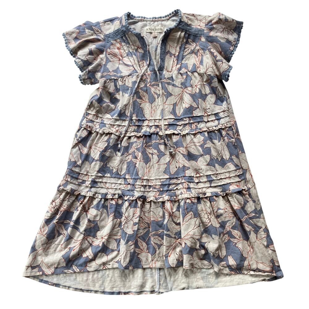 Knox Rose Tiered Mini Dress Size M Floral Cotton Pom Pom Trim